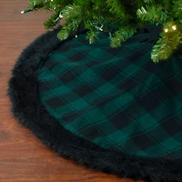 Green and Black Plaid Tree Skirt with Fur Trim