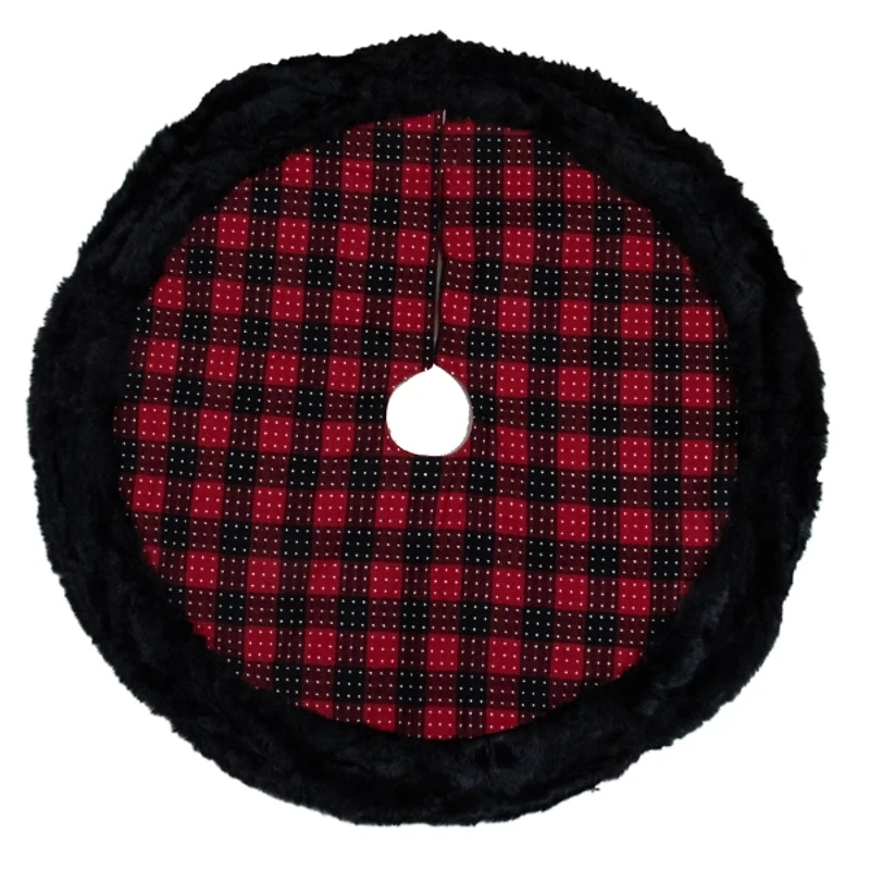 Red and Black Buffalo Plaid Tree Skirt with Fur