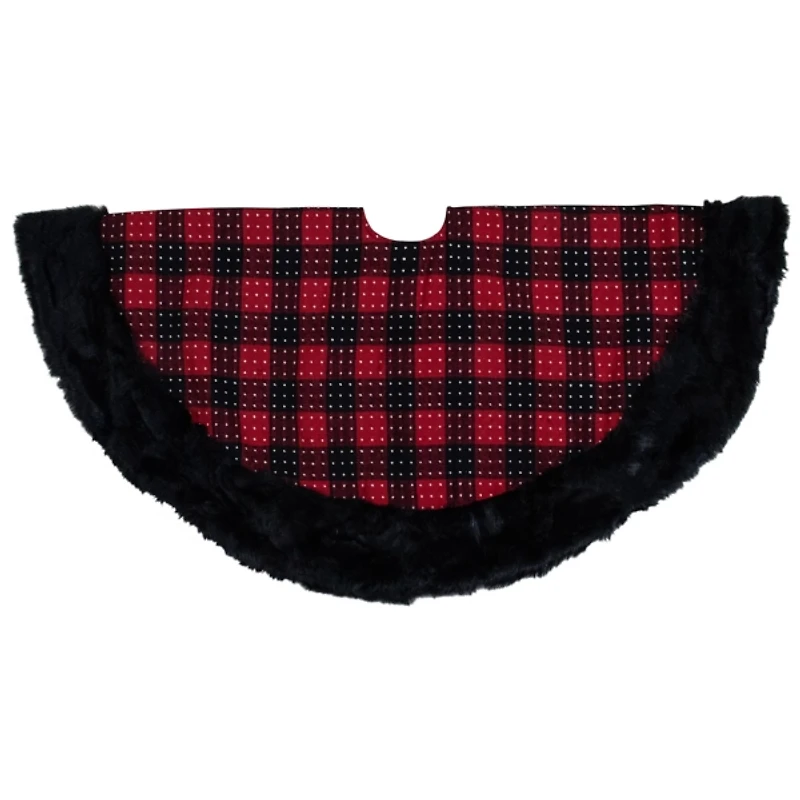 Red and Black Buffalo Plaid Tree Skirt with Fur