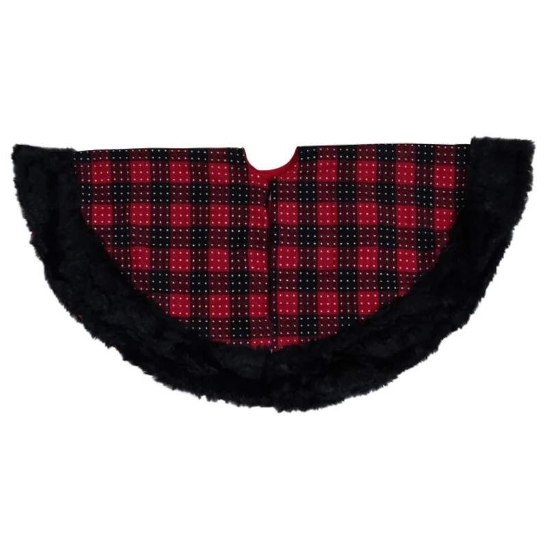 Red and Black Buffalo Plaid Tree Skirt with Fur