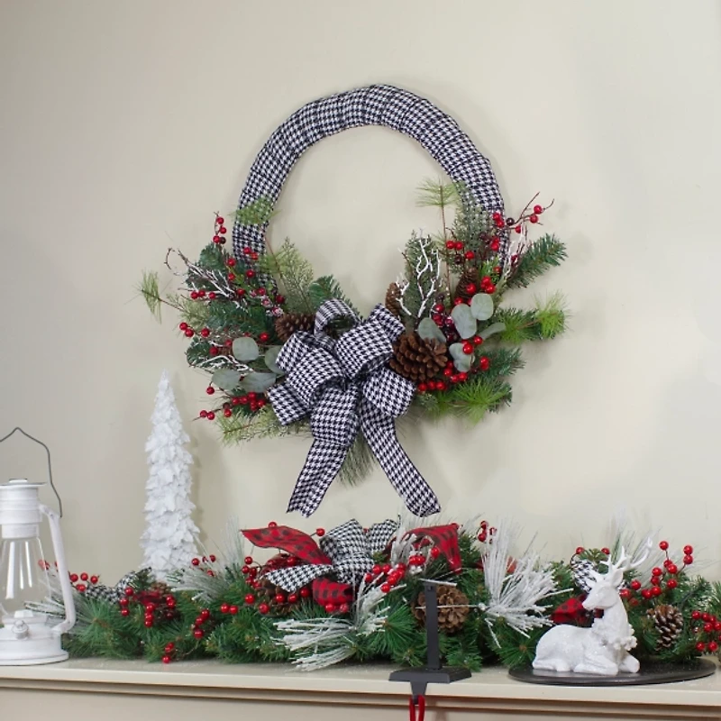 Houndstooth Ribbon and Pine Berry Wreath