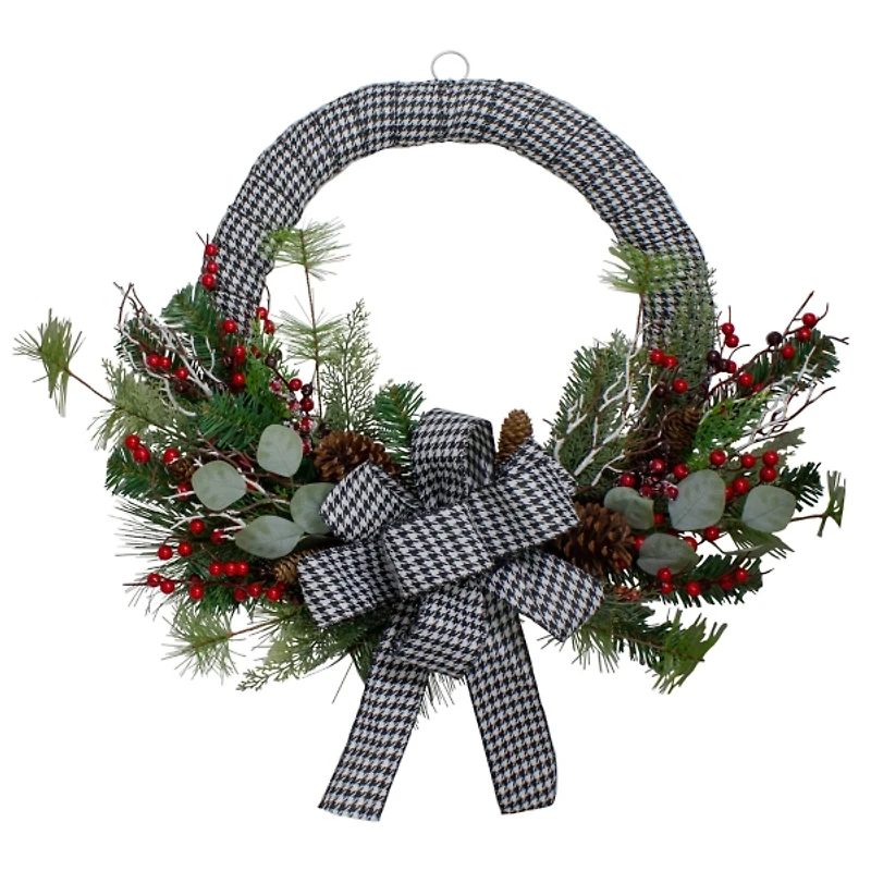 Houndstooth Ribbon and Pine Berry Wreath