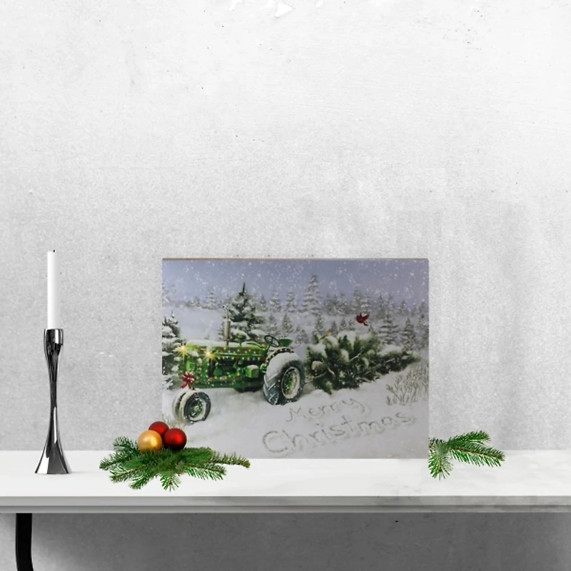 Green Tractor Snow LED Canvas Art Print