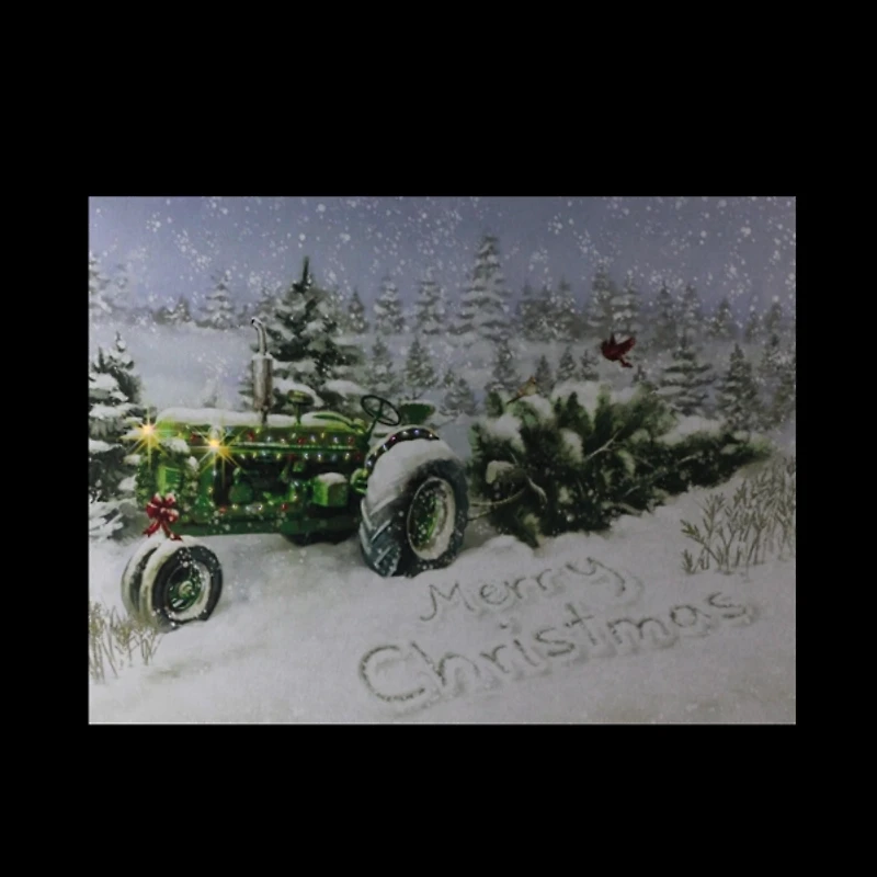 Green Tractor Snow LED Canvas Art Print