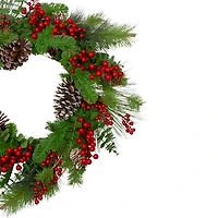 Red Holly Berry and Snowy Pinecone Wreath