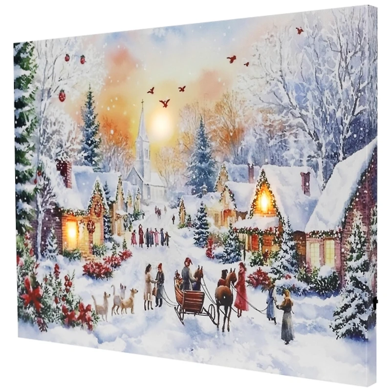 LED Light Snowy Christmas Village Canvas Wall Art