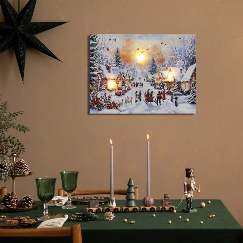 LED Light Snowy Christmas Village Canvas Wall Art