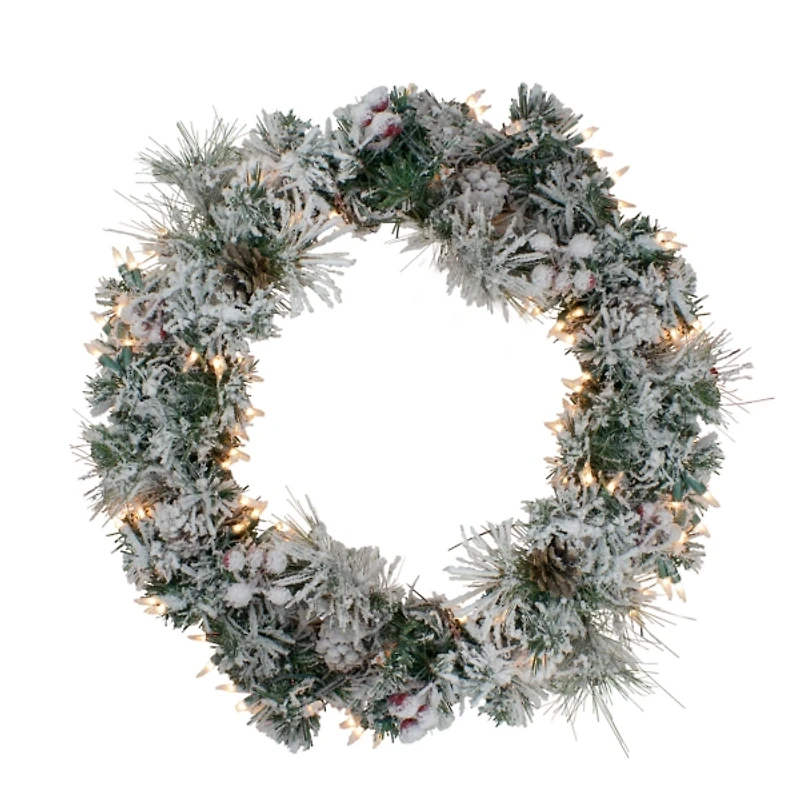 Pre-Lit Flocked Snowy Pine Christmas Wreath