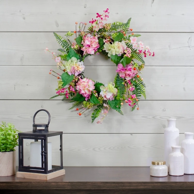 Pink Hydrangea and Fern Berry Wreath