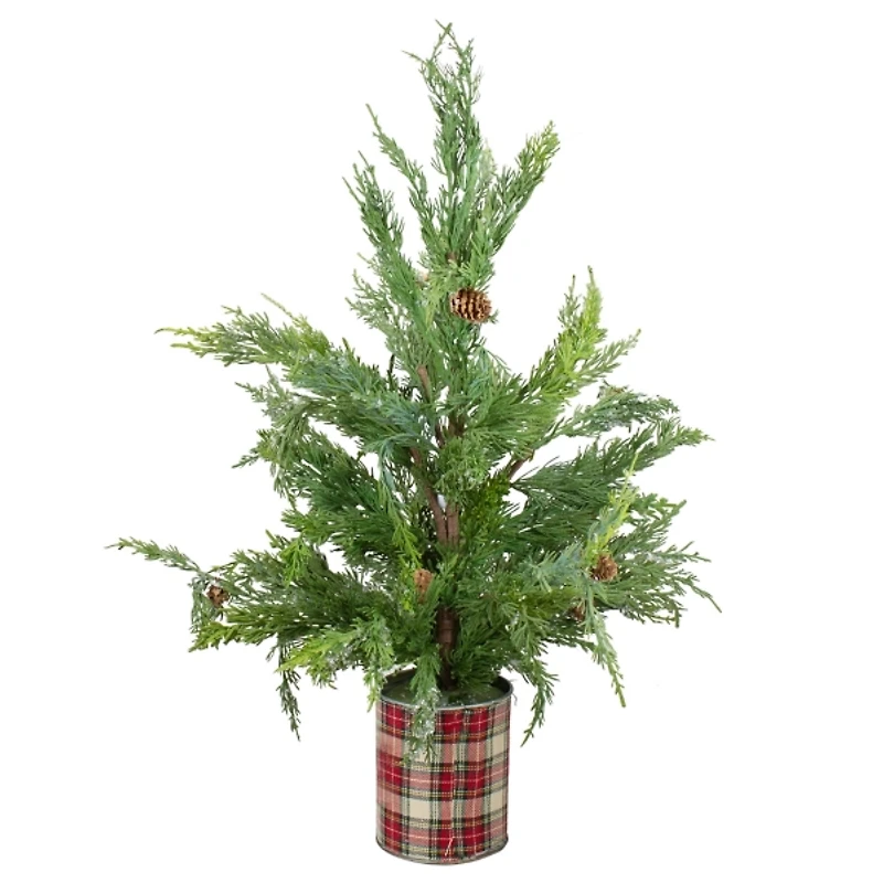 Iced Mini Cedar Tree in Plaid Metal Planter