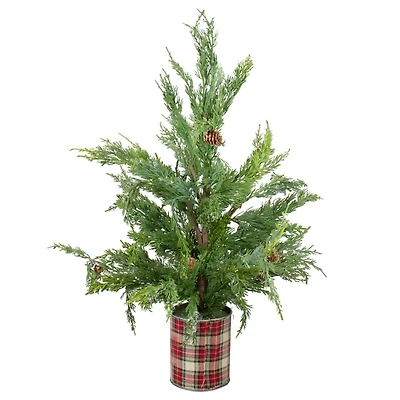 Iced Mini Cedar Tree in Plaid Metal Planter