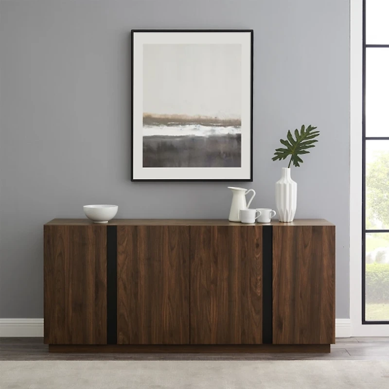 Dark Walnut Wood and Black Metal Sideboard