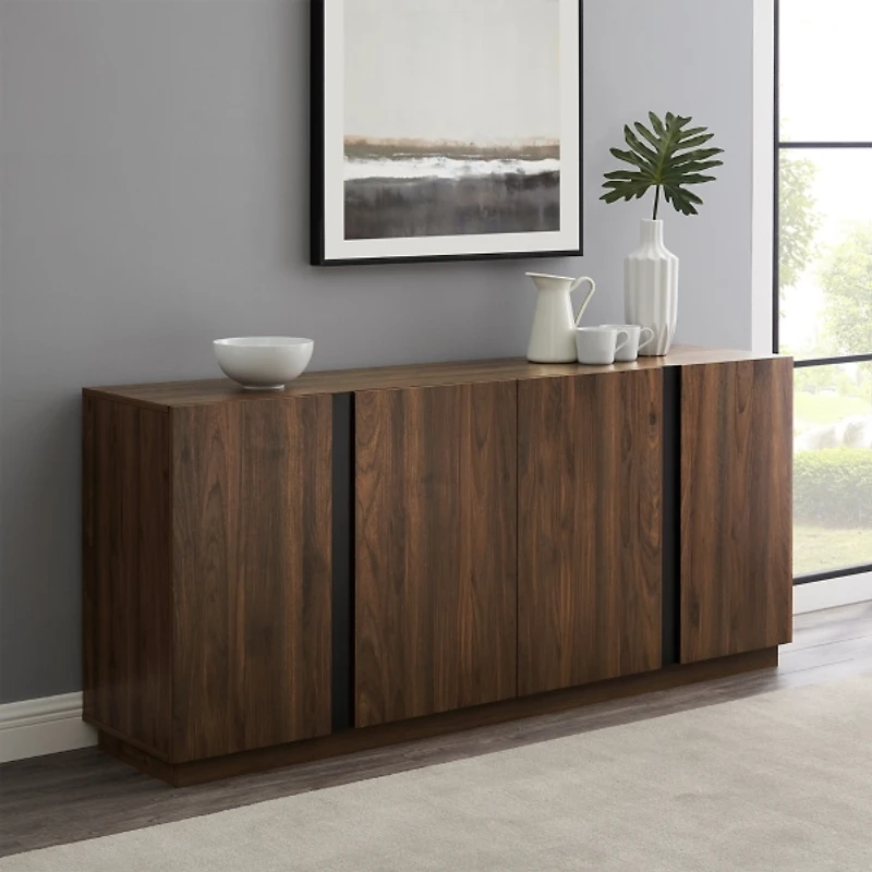 Dark Walnut Wood and Black Metal Sideboard