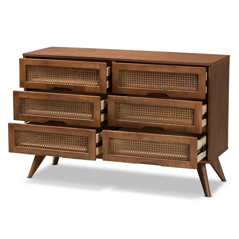 Brown Wood and Rattan 6-Drawer Dresser