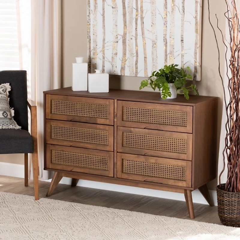 Brown Wood and Rattan 6-Drawer Dresser