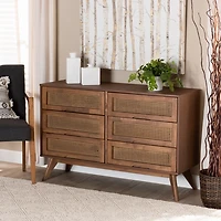 Brown Wood and Rattan 6-Drawer Dresser