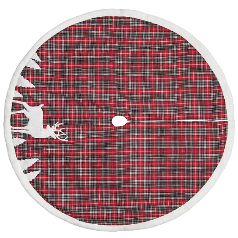 Red and White Plaid Tree Skirt with Reindeer