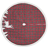 Red and White Plaid Tree Skirt with Reindeer