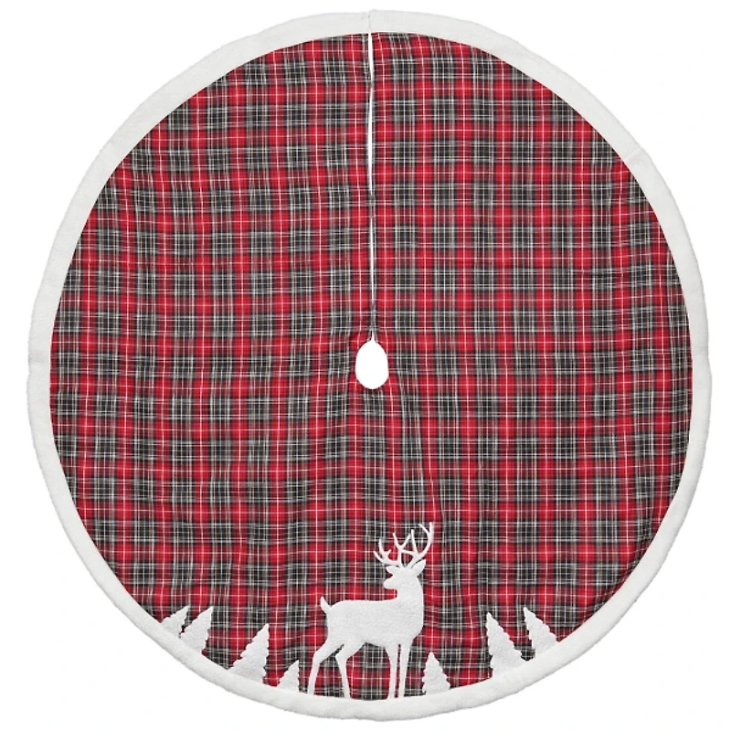 Red and White Plaid Tree Skirt with Reindeer