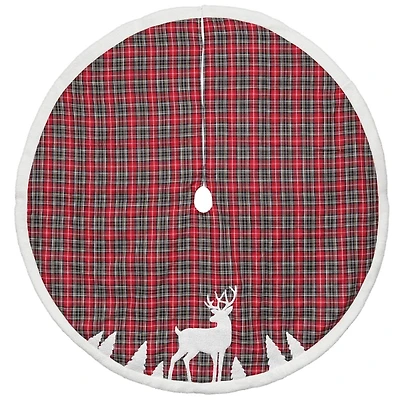 Red and White Plaid Tree Skirt with Reindeer
