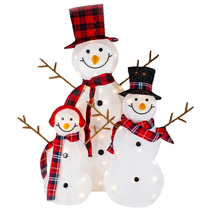 Pre-Lit Outdoor Plaid Tinsel Snowman Family