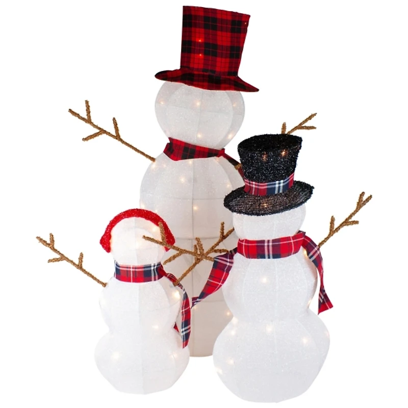 Pre-Lit Outdoor Plaid Tinsel Snowman Family