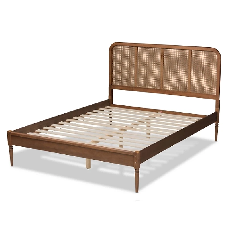 Mid-Century Walnut Wood Rattan Queen Platform Bed