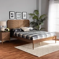 Mid-Century Walnut Wood Rattan Queen Platform Bed