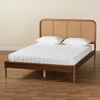 Mid-Century Walnut Wood Rattan Queen Platform Bed