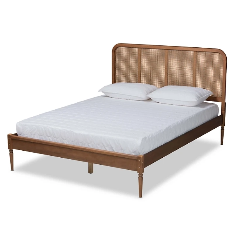 Mid-Century Walnut Wood Rattan Queen Platform Bed