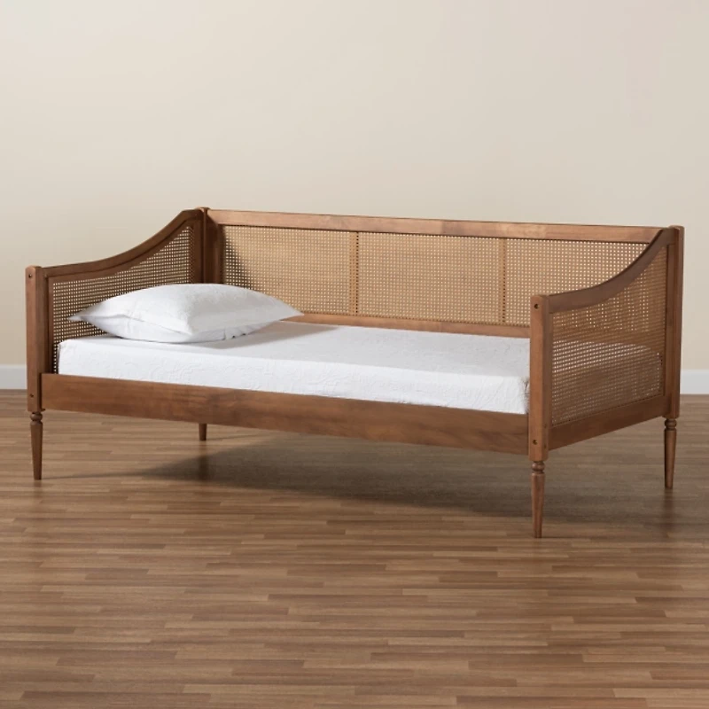 Walnut Wood and Rattan Twin Daybed