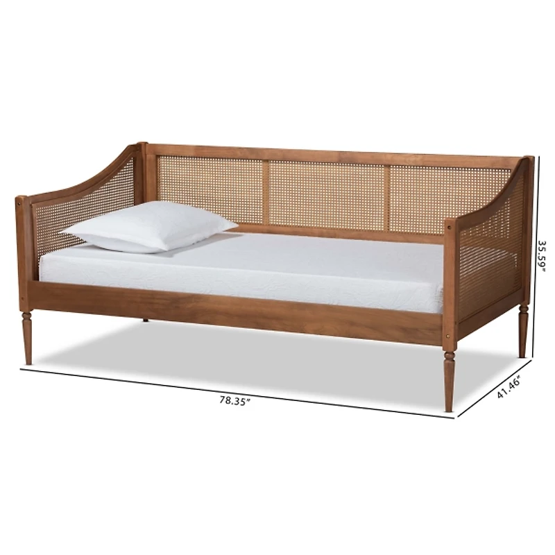 Walnut Wood and Rattan Twin Daybed