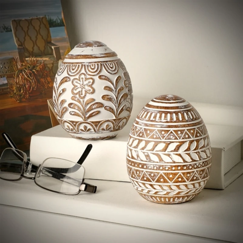 Ivory Carved Floral Easter Eggs, Set of 2