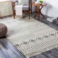 White and Black Diamond Tassel Wool Area Rug, 8x10