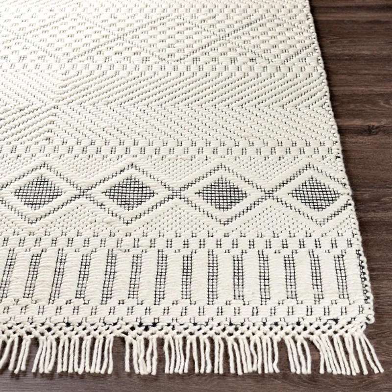 White and Black Diamond Tassel Wool Area Rug, 8x10