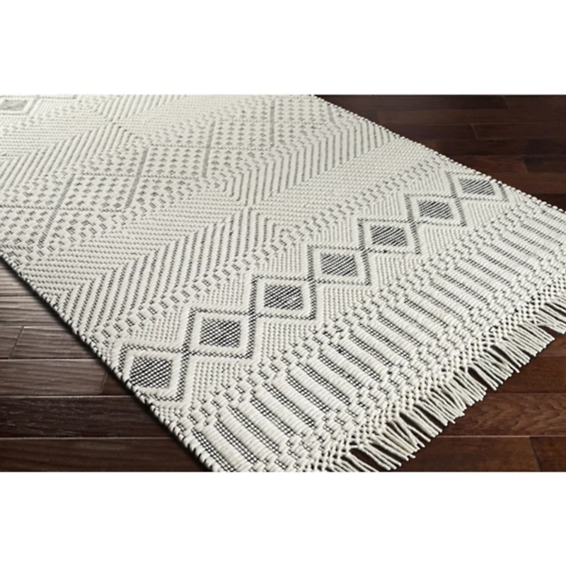 White and Black Diamond Tassel Wool Area Rug, 8x10