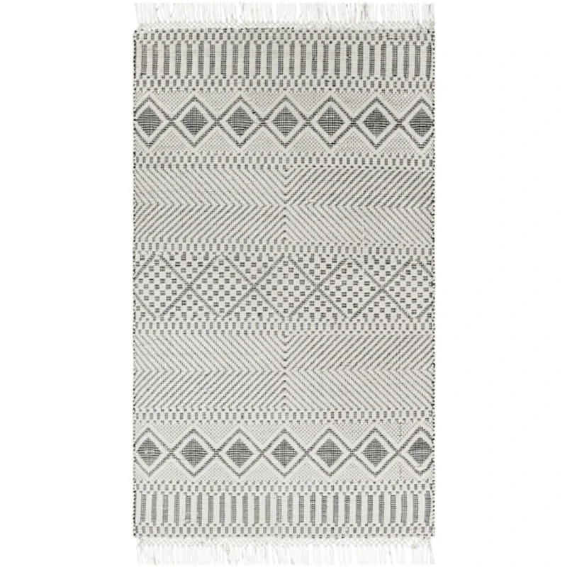 White and Black Diamond Tassel Wool Area Rug, 8x10