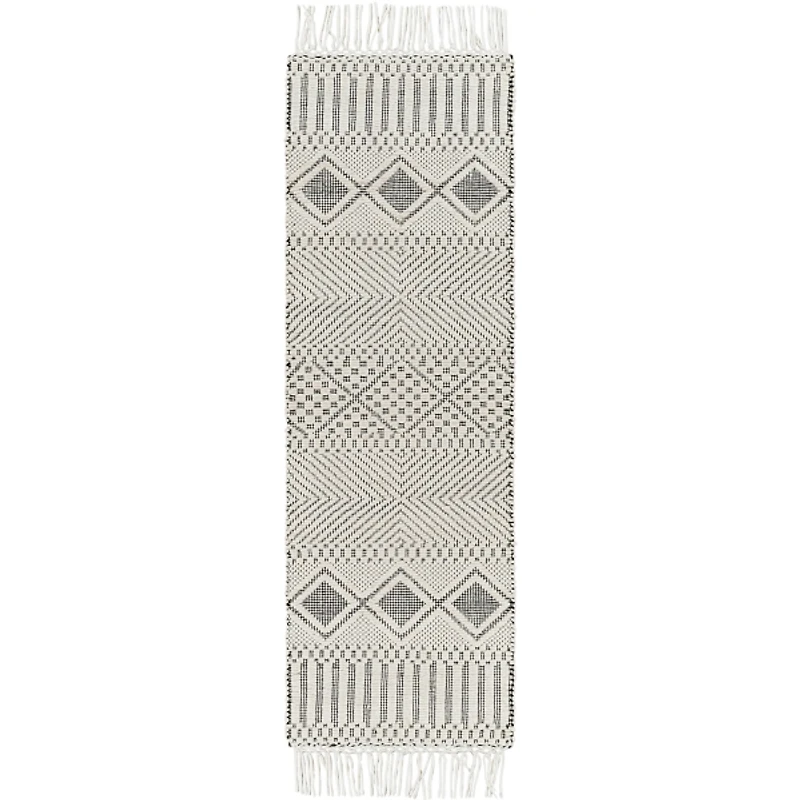 White and Black Diamond Tassel Wool Runner, 2x8