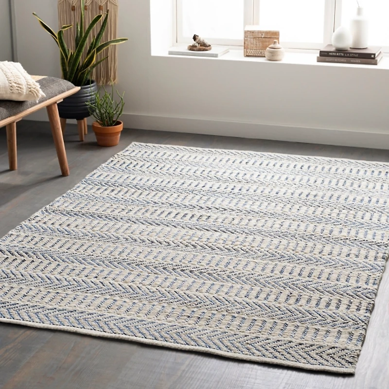 Blue and White Chevron Jute Area Rug, 8x10