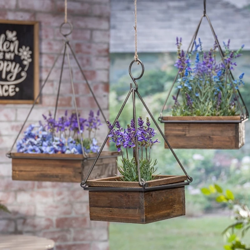 Brown Fir Wood Hanging Planter Boxes, Set of 3