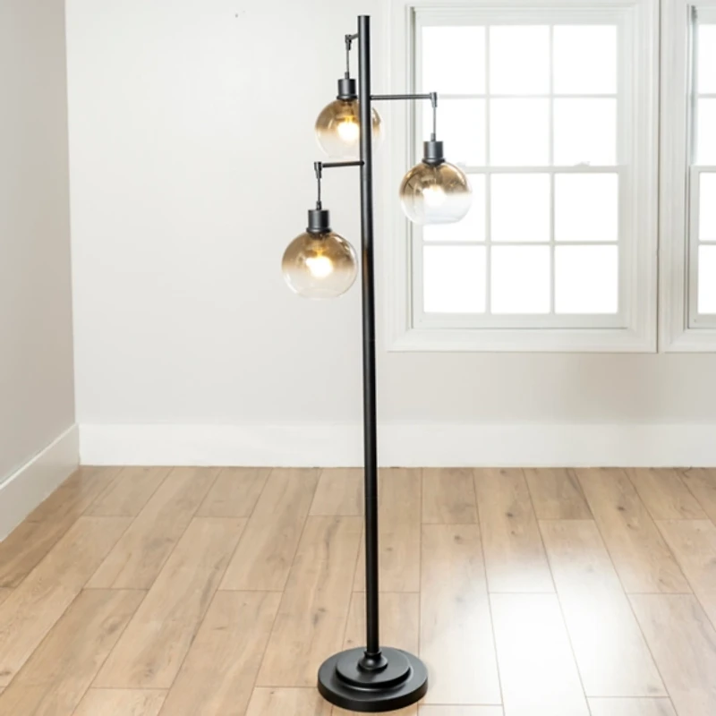 Black Metal and Gold Glass 3-Arm Floor Lamp