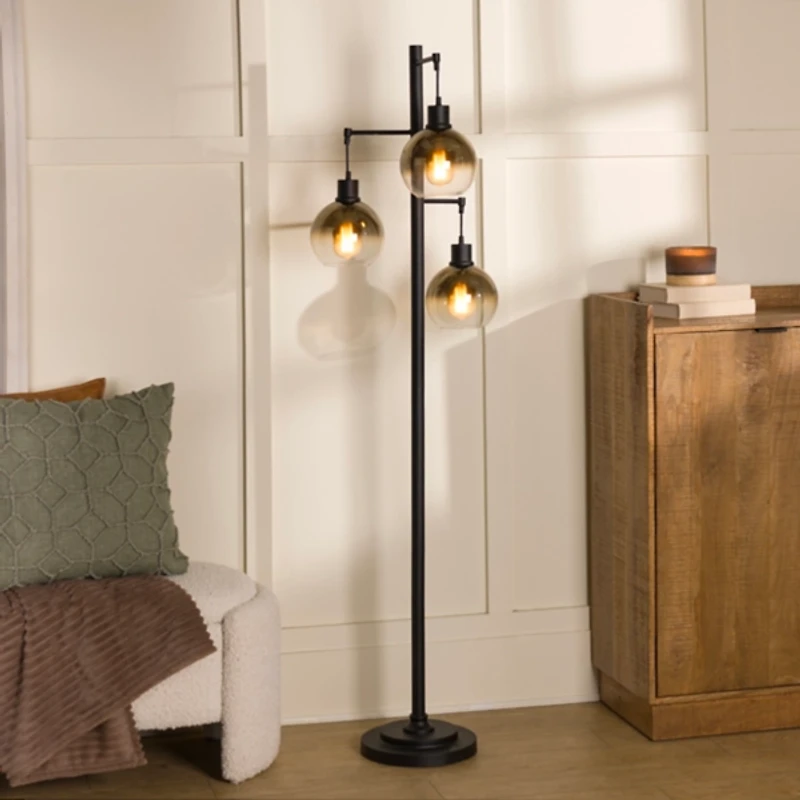 Black Metal and Gold Glass 3-Arm Floor Lamp