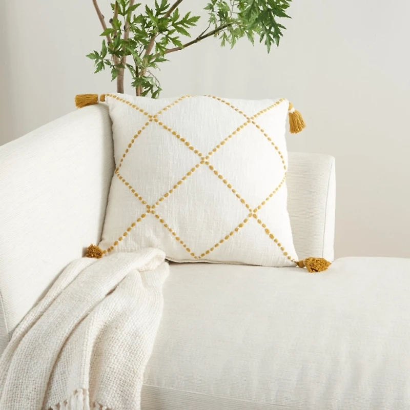 Mustard Stitched Lattice Throw Pillow