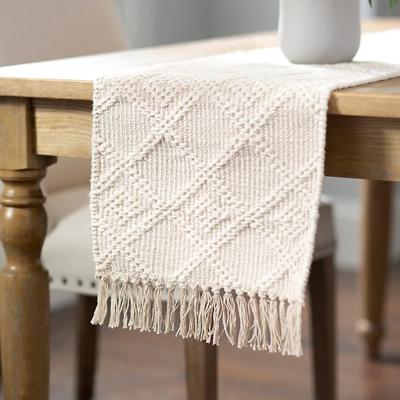 Ivory Woven Lattice Tasseled Table Runner