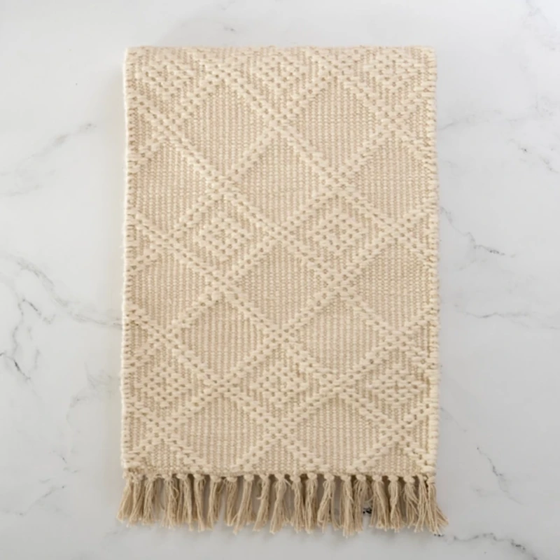 Ivory Woven Lattice Tasseled Table Runner