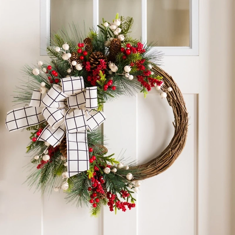 Windowpane Plaid Berry Bow Wreath