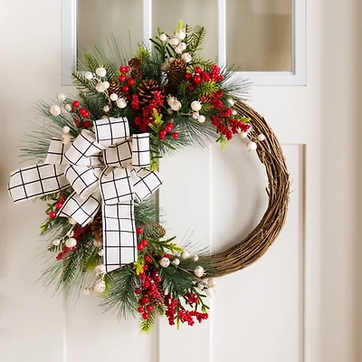 Windowpane Plaid Berry Bow Wreath