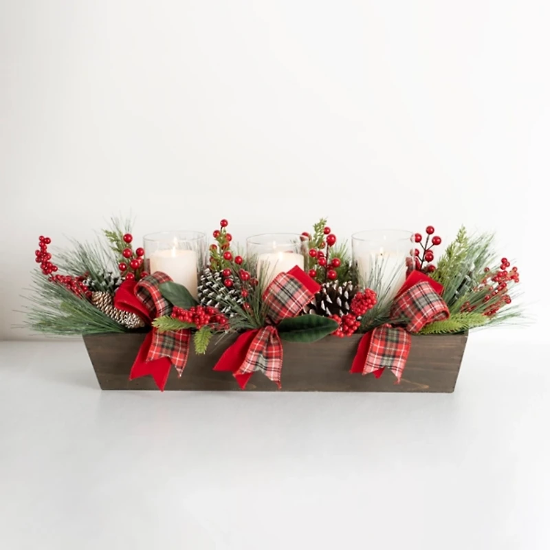 Plaid Ribbon and Berries Candle Centerpiece