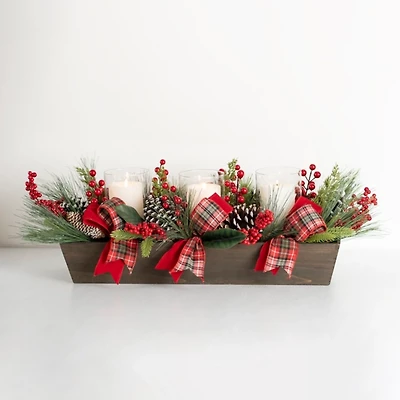 Plaid Ribbon and Berries Candle Centerpiece