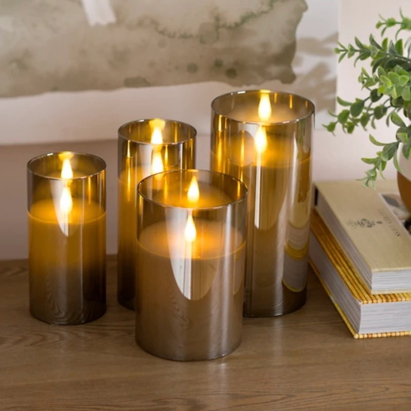 Gray LED Soft Flame Glass Pillar Candle, 3x7 in.